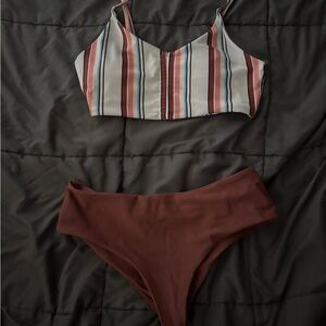 Striped Multi-Color Top & Brown High-Waist Bikini Bottom - Women Swim